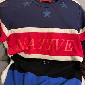 VIE + RICHE Shirt with beige suede and blue, red and black, size XL